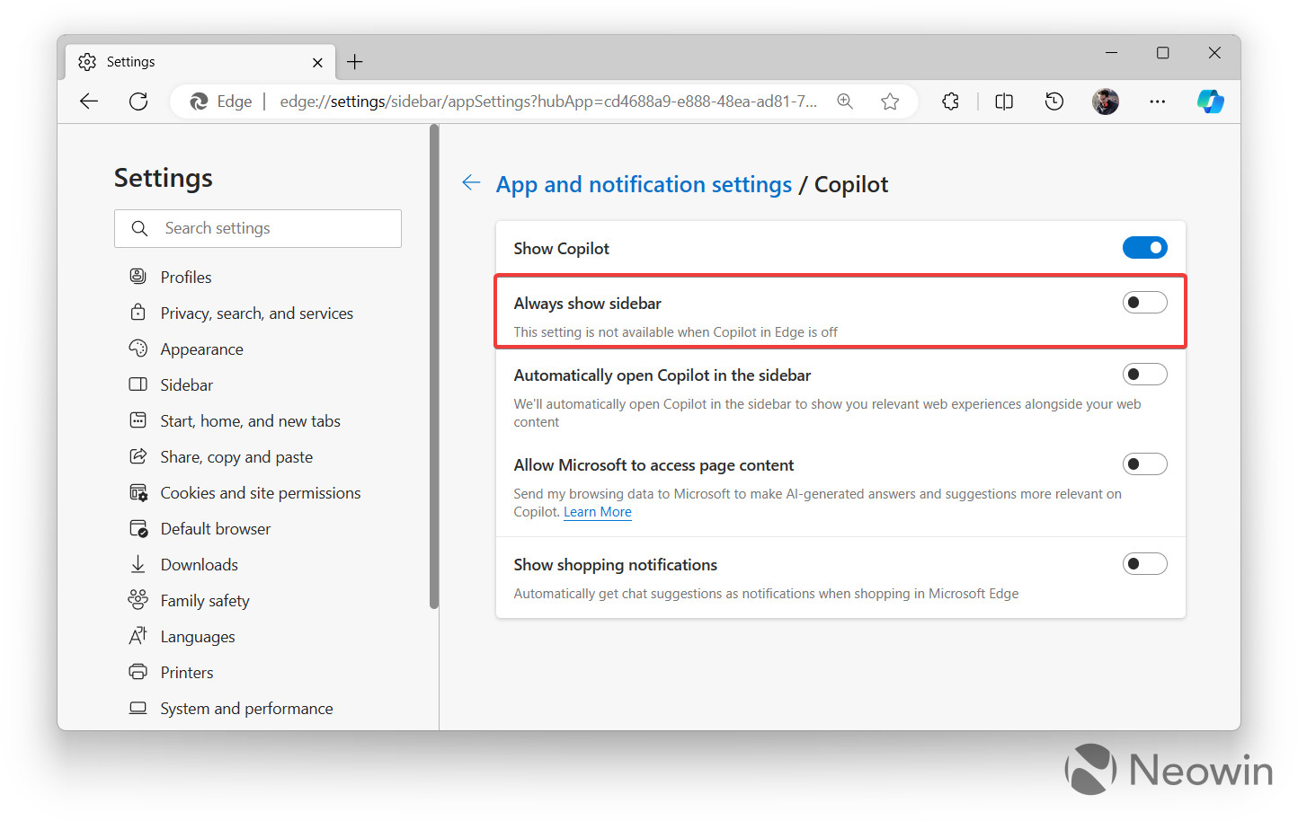 ภาพหน้าจอของการตั้งค่า Edge Sidebar