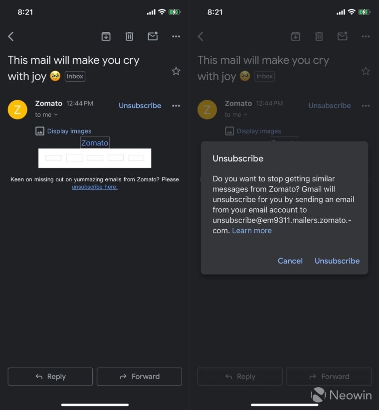 ปุ่มยกเลิกการสมัคร Gmail สำหรับ iOS