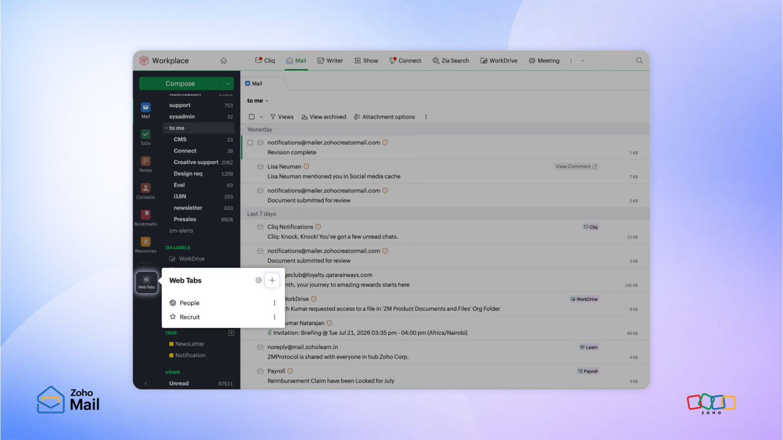 Zoho Mail เพิ่ม Web Tabs ทำงานง่ายขึ้น ไม่ต้องสลับหลายแท็บ!
